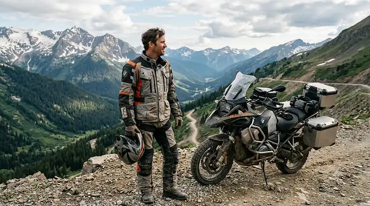A rider wearing a premium adventure motorcycle jacket while standing next to an adventure bike on a scenic mountain dirt road.