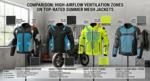 Infographic comparing high-airflow ventilation zones on top-rated summer mesh motorcycle jackets.