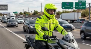 High-visibility neon yellow mesh motorcycle jacket for improved commuter rider safety on American highways.