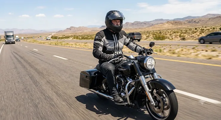 A man riding a cruiser motorcycle highway wearing the best mesh motorcycle jacket for hot summer weather.