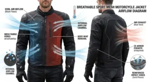 Technical diagram illustrating cooling airflow through breathable panels of a sport mesh motorcycle jacket