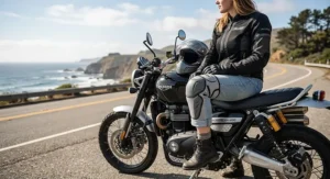 Illustration of breathable motorcycle knee guards featuring moisture-wicking mesh for summer riding.