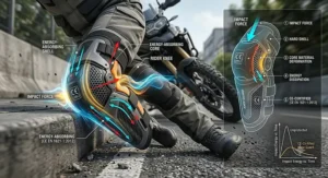 Diagram showing CE-certified motorcycle knee guards absorbing impact energy during a crash.
