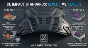 Infographic showing CE Level 1 and CE Level 2 impact absorption standards for a motorcycle chest protector