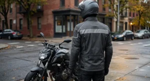 Rear view of a commuter motorcycle jacket showcasing wide reflective panels across the upper back for night riding safety.