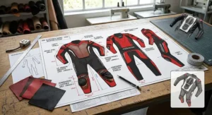 Design blueprint and tailored fit layout for a custom motorcycle racing suit leather.