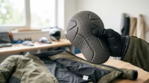 Viscoelastic motorcycle shoulder armor pad showing high-impact foam flexibility