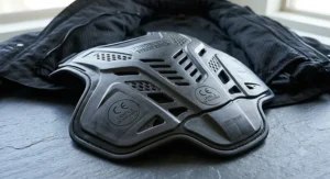 Close-up view of a CE-rated hardshell motorcycle chest protector insert designed for street riding jackets