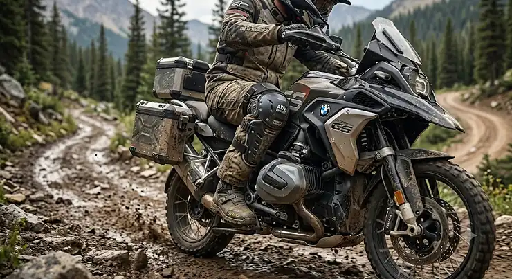 Illustration of heavy-duty motorcycle knee guards designed for adventure riding and impact protection.
