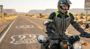 A motorcyclist cruising down Route 66 wearing a heavy-duty textile touring motorcycle jacket.