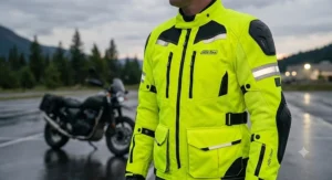 High-visibility neon yellow textile touring motorcycle jacket featuring reflective stripes for night riding safety.