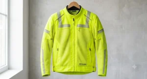 High-visibility neon yellow summer motorcycle jacket featuring mesh ventilation panels and reflective safety strips for night riding.