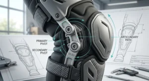 Close-up illustration of a dual-pivot hinged joint mechanism on advanced motorcycle knee guards.