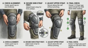 Step-by-step diagram illustrating how to correctly fit and secure motorcycle knee guards.