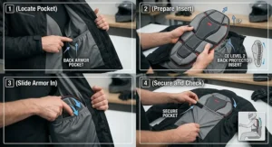 Step-by-step diagram showing how to place a back protector insert into a motorcycle jacket internal lining.