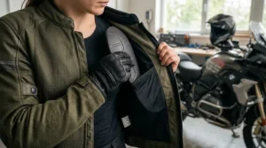Illustration of a rider inserting flexible motorcycle shoulder armor into an internal jacket pocket