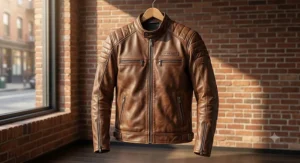 A classic brown leather commuter motorcycle jacket with a modern slim fit, suitable for daily office commutes.