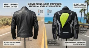 Comparison illustration between a heavy leather riding jacket and a ventilated sport mesh motorcycle jacket for hot weather