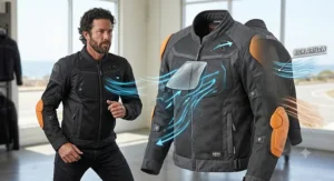 Illustration highlighting the high-airflow mesh panels on a lightweight ventilated motorcycle jacket.