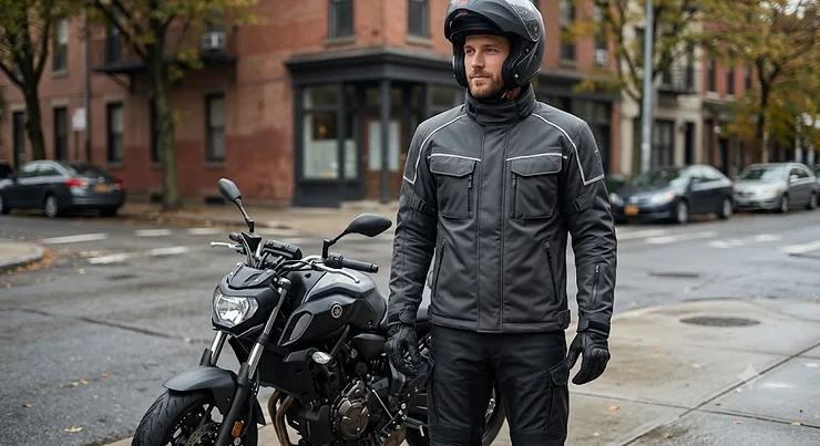 A commuter motorcycle jacket in charcoal gray featuring a waterproof outer shell and high-visibility reflective piping across the chest.