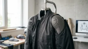 Men's leather motorcycle jacket featuring integrated internal shoulder armor