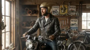 Illustration of a man wearing a brown retro motorcycle leather jacket paired with dark jeans and boots.