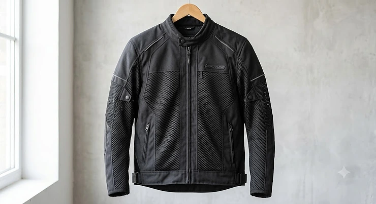 Front view of a black men's summer motorcycle jacket with highly breathable mesh panels on the chest and arms.