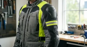 Close-up of a men's textile touring motorcycle jacket highlighting the CE-approved shoulder and elbow armor inserts.