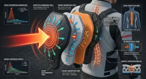 Technical illustration showing force distribution and impact energy dispersion through a high-performance motorcycle back protector.