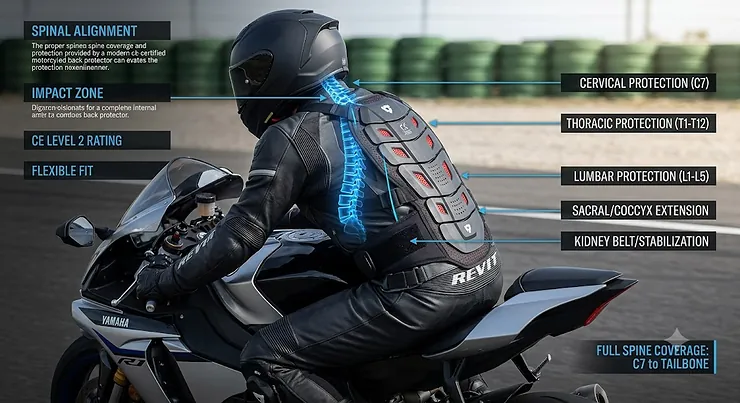Diagram illustrating proper spine coverage and protection provided by a motorcycle back protector on a rider.