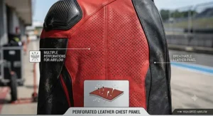 Close-up illustration of ventilation perforations on a motorcycle racing suit leather chest panel.