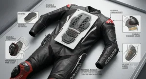 Diagram showing CE-rated armor padding on a heavy-duty motorcycle racing suit leather surface.