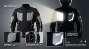 Visual highlighting high-visibility reflective strips on a textile motorcycle jacket for night riding safety.