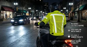 Hi-vis yellow ventilated motorcycle jacket with reflective striping visible during nighttime street riding.