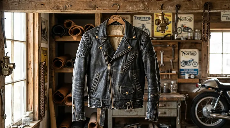 A classic black retro motorcycle leather jacket displayed against a clean background, highlighting its vintage design and premium texture.