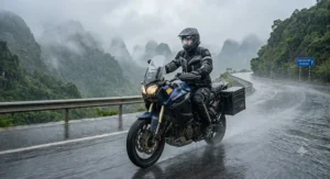 An illustration of a motorcyclist comfortably riding through heavy rain wearing high-performance waterproof motorcycle gear.
