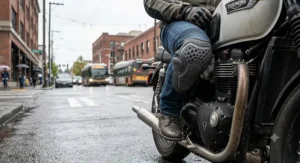 Illustration of flexible soft armor motorcycle knee guards designed for daily commuting under riding jeans.