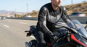 Motorcycle rider wearing a lightweight sport mesh motorcycle jacket on a summer highway ride