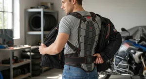 Standalone motorcycle back protector with adjustable shoulder straps and waist belt worn under a jacket.