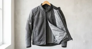 An adventure-style summer motorcycle jacket showing the mesh construction with a partially detached, zip-out windproof and waterproof inner liner.