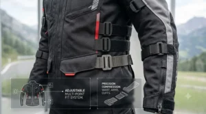 Illustration showing the waist and arm adjustment straps on a heavy duty adventure textile motorcycle jacket.