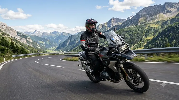 A rider wearing a protective black textile motorcycle jacket while cruising on a sport touring motorbike.