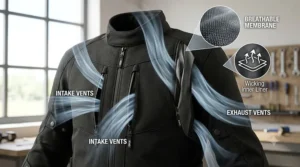 Technical graphic showing zippered mesh vents and airflow direction through a summer textile motorcycle jacket.
