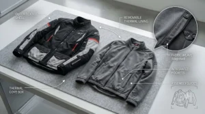 An urban style textile motorcycle jacket with a removable hoodie lining for everyday casual wear.