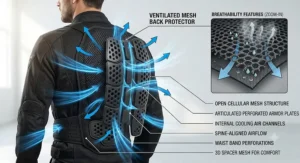 Diagram showing cooling airflow channels and breathability features in a ventilated motorcycle back protector.