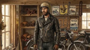 Detailed close-up illustration of the distressed grain texture on a brown retro motorcycle leather jacket.