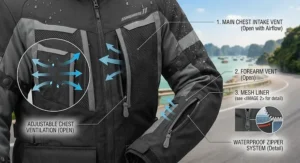 A detailed view of waterproof zippers and air vents on a textile motorcycle jacket to prevent overheating.