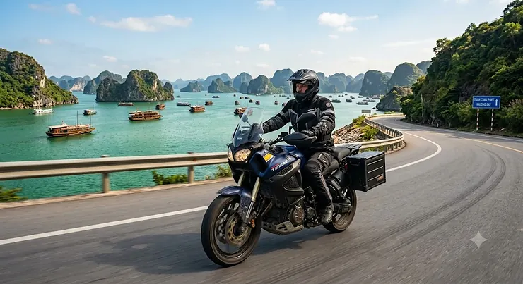 A rider wearing a premium waterproof motorcycle jacket while riding a sport-touring bike on a wet road.