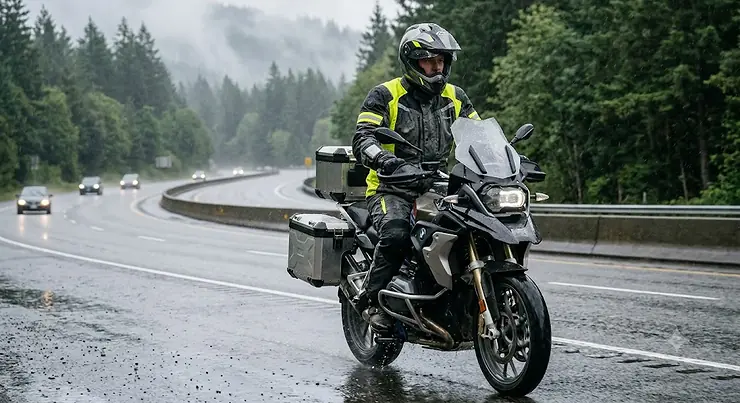 A rider wearing a waterproof textile touring motorcycle jacket while navigating a wet highway on an adventure bike.touring motorcycle jacket textile