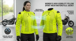 Women's high-visibility yellow sport mesh motorcycle jacket designed for summer road safety